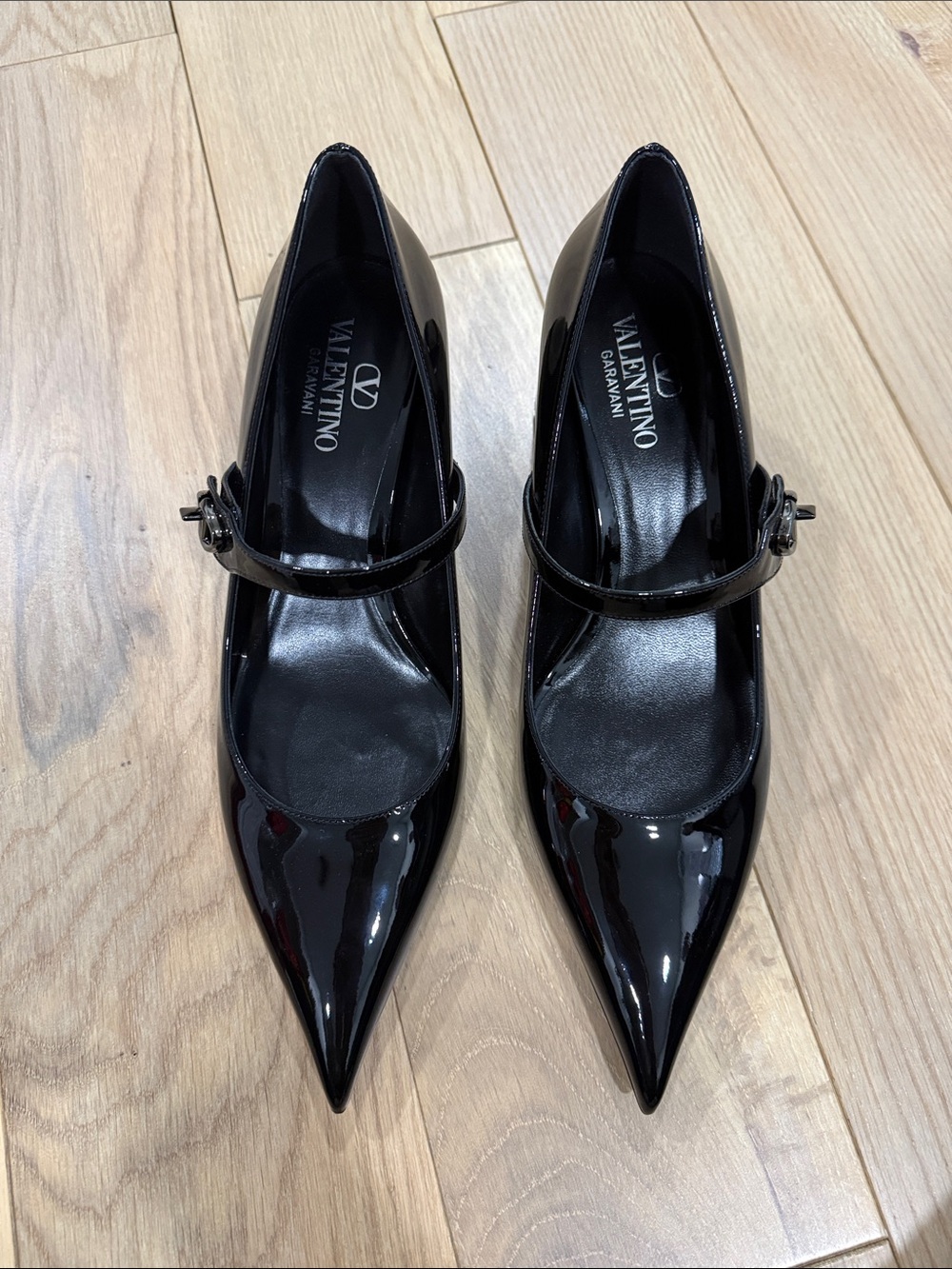 Valentino Black Patent Leather Pointed Mary Jane Pumps with Strap